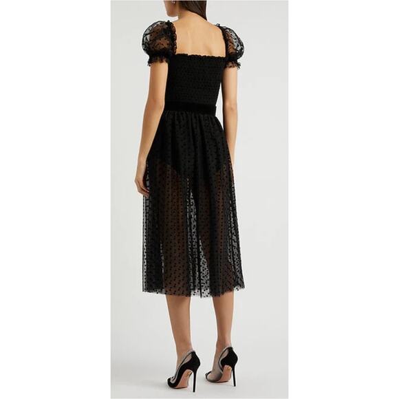 NWT Rebecca Vallance Black Sheer Tulle Belted Bodysuit Midi Tiffani Dress Size 8 - Picture 2 of 16